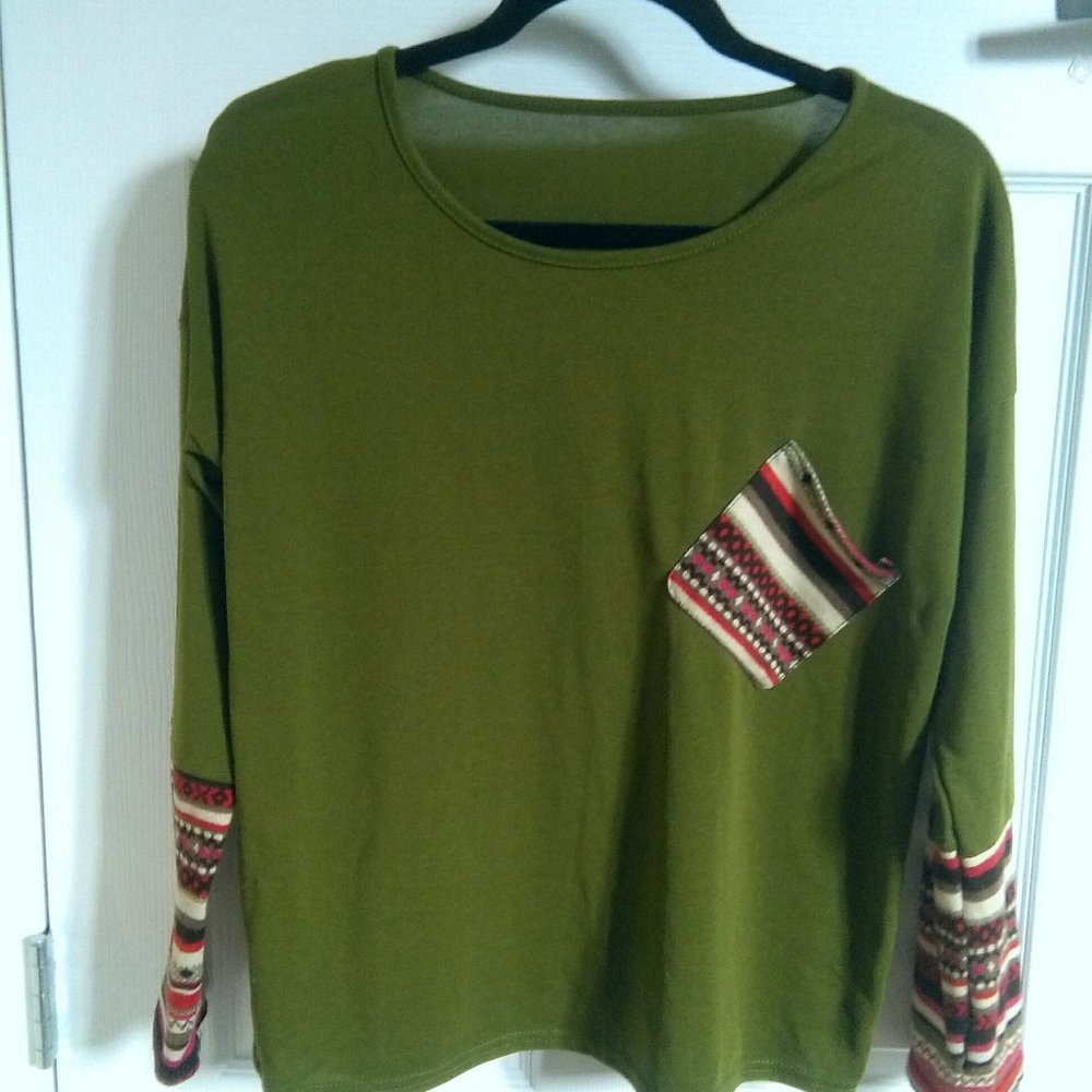 Drop Shoulder Pocket Patchwork Top - Picture 2 of 5